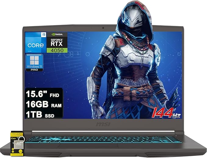 msi Thin 15 Gaming Laptop 15.6" FHD IPS 144Hz Intel 8-core i5-13420H (> i7-12650H) 16GB RAM 1TB SSD GeForce RTX 4050 USB-C Backlit Wi-Fi6E Win11Pro ICP Hub