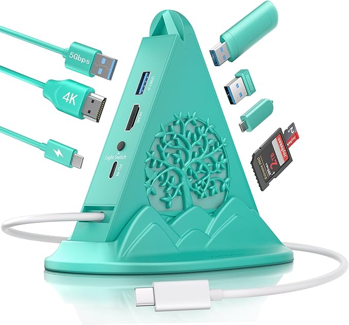 USB C HUB Multiport Adapter with HDMI 4K@30Hz, 100W PD, SD/TF Card Reader, 5Gbps 3xUSB-A and 1xUSB-C 3.0, RGB Tree 8-in-1 USB C HUB, Dock for MacBook Air, iPad, iPhone16, Laptop, etc(Green)