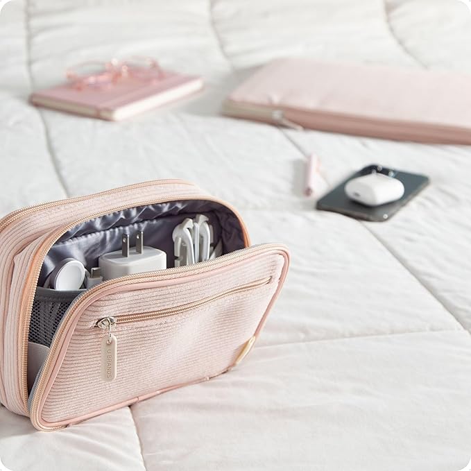 U Brands Dual Zip Corduroy Travel Electronics Organizer, Tech Carry Case, Portable Travel Bag, Cord Storage, 8" x 5.25" x 2.5", Dusty Rose Pink