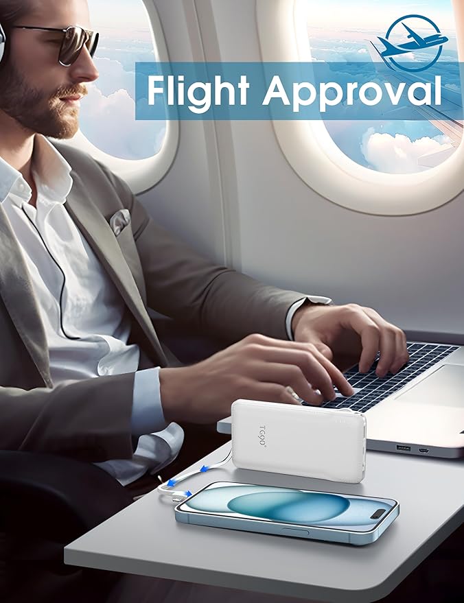 TG90° Portable Charger Power Bank with Built-in AC Wall Plug and Cables, 10000mAh USB C External Battery Charger Compatible with iPhone and Android Phones