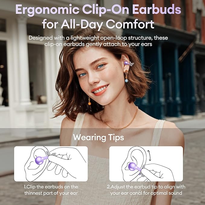 PAXA Bling Open Ear Clip On Earbuds with LED Display & Crystal Butterfly Earrings, Comfort Bluetooth 5.4 Wireless Ear Buds 50H Playtime for Women Girl Work, Fitness, Daily Wear, Gift, Purple