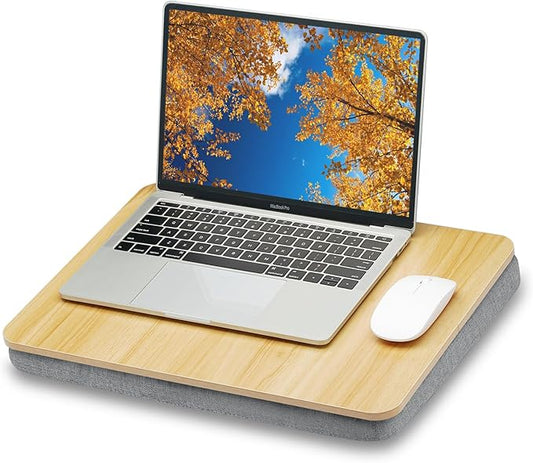 Lap Desk with Pillow Cushion, Portable Laptop Bed Desk, Fits up to 15.6 inch Laptop, Lap Stand for Bed & Couch & Carpet, Book Tablet/Drawing Board - Light Brown Wood