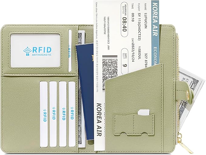 DOB SECHS Passport Holder Wallet for Women, Leather RFID Blocking Passport Cover Credit Cards Case Women Travel Accessories Organizer Pouch Bag with ID Window+Zippered Cash Pocket+SIM Slots, Green