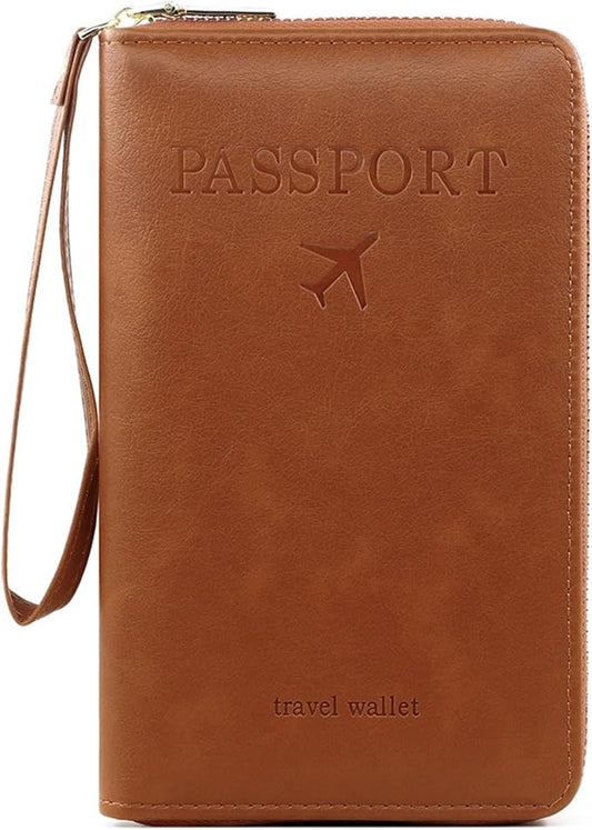 S-11 RFID Blocking Passport Holder Travel Wallet, Slim Zipper Card Case with ID Window, Boarding Pass Slot & Credit Card Organizer for Men and Women. (Brown)