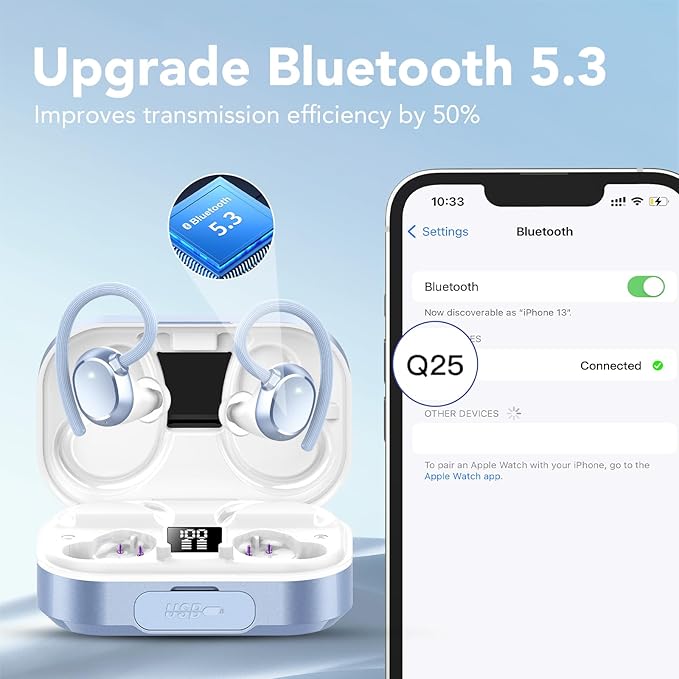 KT1 Wireless Earbuds V5.3 Bluetooth Earbuds 120Hrs Playtime, 4.7g Mini Size Painless Wear, IPX7 Waterproof, Deep Bass 2.0, Over-Ear Ear Buds Wireless Bluetooth Headphones for Sport Running (Blue)