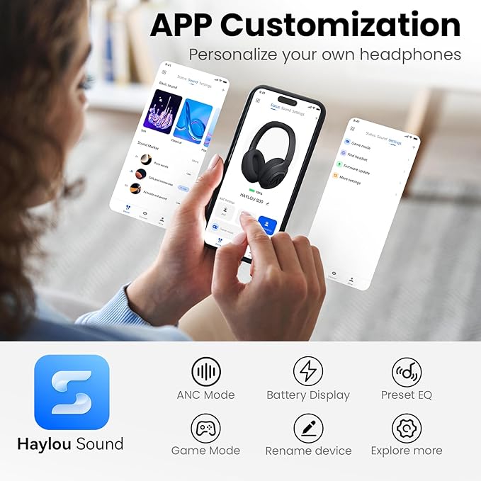 HAYLOU S30 Pro Noise Cancelling Bluetooth Headphones, LDAC Hi-Res Audio, 5 HD Mics Call, 80H Playtime, Custom EQ via App, Bluetooth 5.4 Multipoint Connect, Wireless Headphones Over Ear, Blue