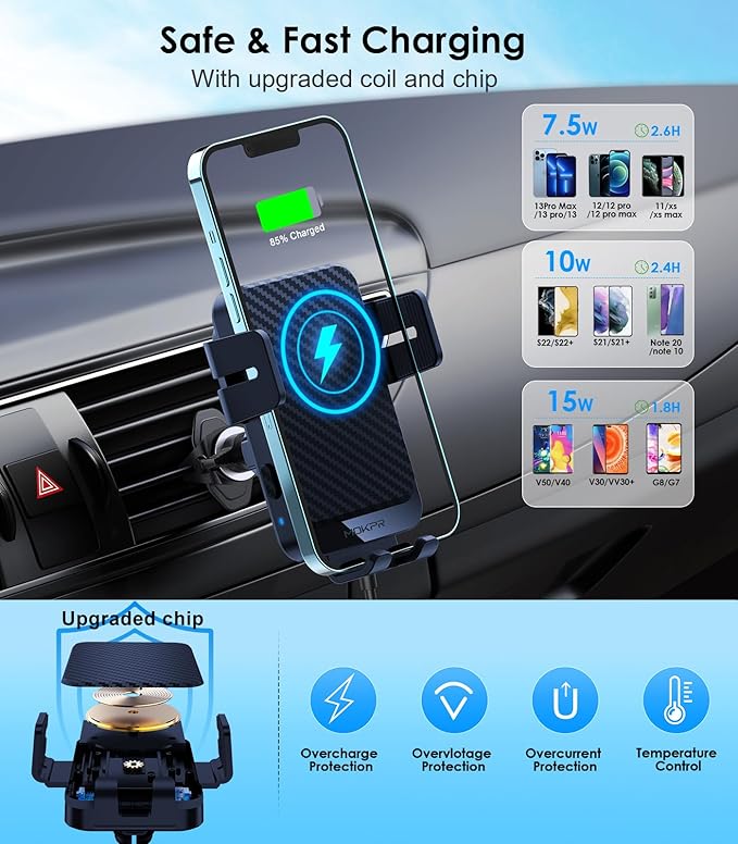 Wireless Car Charger, MOKPR 15W Fast Charging Auto-Clamping Car Charger Phone Mount Air Vent Cell Phone Holder for iPhone 16/15/14/13/13 Pro/12 pro/12/11, for Samsung Galaxy S23/S22/S21/S20, etc
