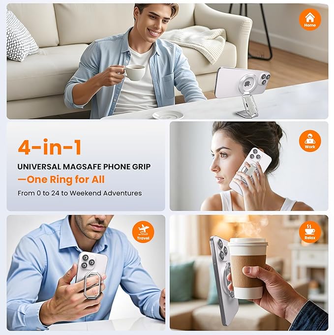 (2025 Upgraded) 4-in-1 Magnetic Phone Grip Stand for MagSafe with Finger Strap Loop,Removable Ring Holder for iPhone 17 Pro Max 16 15 14 13 12,Kickstand for Hands-Free View at Home Work Travel, Silver