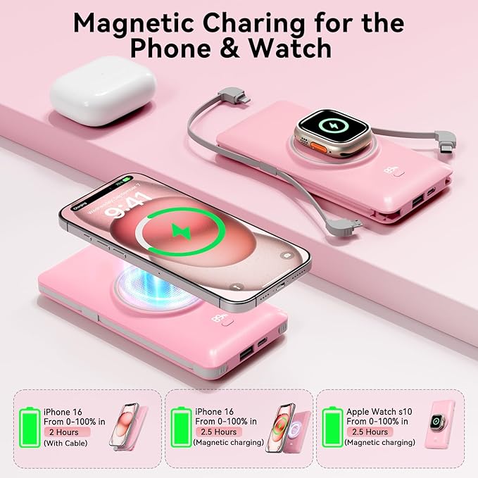 Magnetic 10000mAh Portable Charger for iWatch & iPhone, 22.5W USB C Fast Charging Wireless Power Bank Built-in Cables and Wall Plug, External Travel Battery Pack Compatible with iOS Android Devices