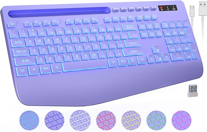 Wireless Keyboard with 7 Colored Backlits, Wrist Rest, Phone Holder, Rechargeable Ergonomic Computer Keyboard with Silent Keys, Full Size Lighted Keyboard for Windows, MacBook, PC, Laptop (Purple)