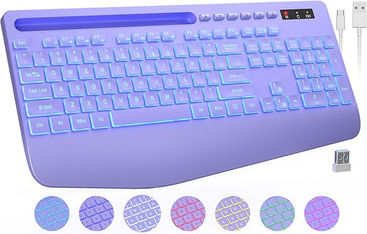Wireless Keyboard with 7 Colored Backlits, Wrist Rest, Phone Holder, Rechargeable Ergonomic Computer Keyboard with Silent Keys, Full Size Lighted Keyboard for Windows, MacBook, PC, Laptop (Purple)
