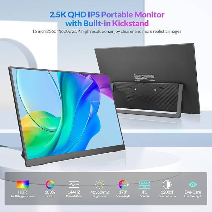 Rii Portable Gaming Monitor, 16" 144Hz QHD 2.5K 2560X1600 16:10 FreeSync 100% sRGB, IPS HDR USB-C HDMI Display, Travel Monitor for Laptop PC Phone Mac Game Console, VESA Mountable, with Kickstand