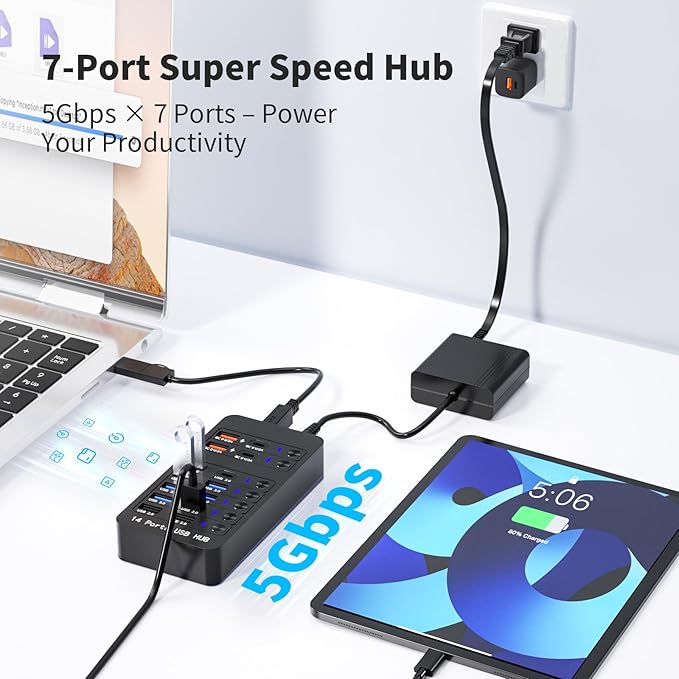 Powered USB Hub, 14 Ports USB Splitter with Individual Power On/Off Switches, 60W Power Adapter for Mac, PC, and More