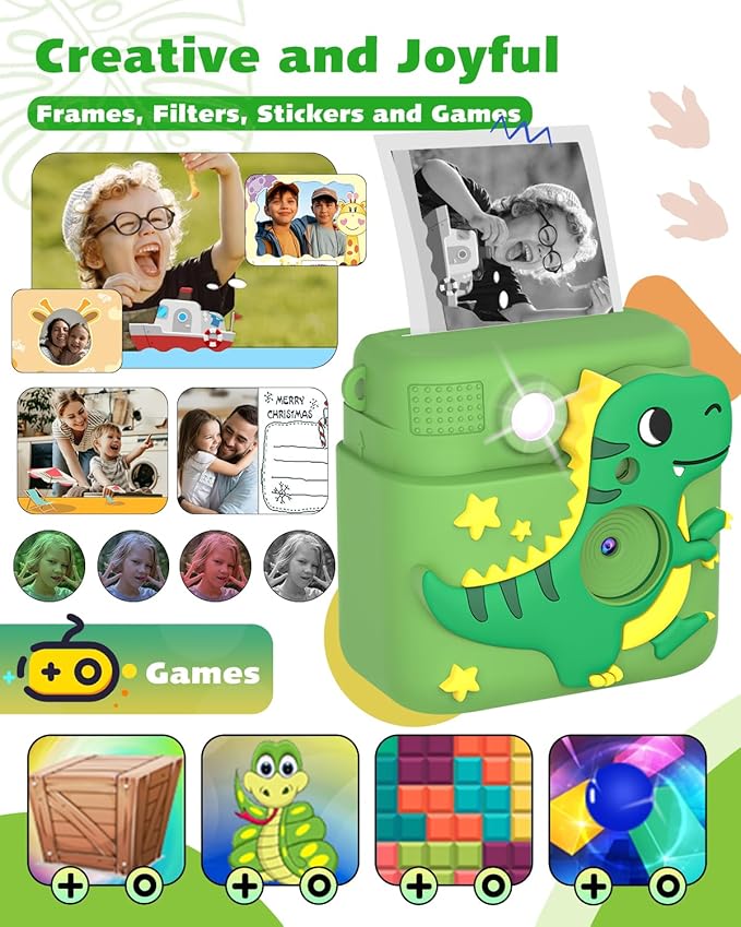 Kids Camera Instant Print, Dinosaur Toys for Boys 3 4 5 6 7 8 9 10 Years Old, 1080P Kids Digital Camera for Toddlers, Christmas Birthday Gifts for Boys Girls 3-12, 32GB SD Card, Green