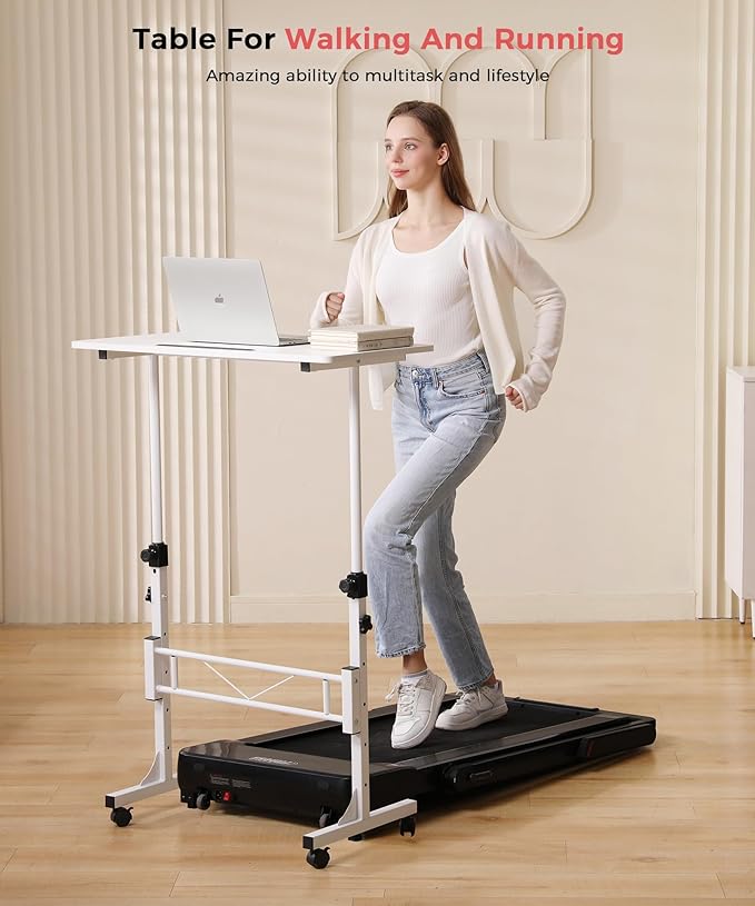 KLSMYHOKI Standing Desk Adjustable Height, Mobile Stand Up Desk with Wheels Small Computer Desk Rolling Desk, Portable Laptop Desk White Standing Table Home Office Desks 16"x31.5" Height 27"-43.5"