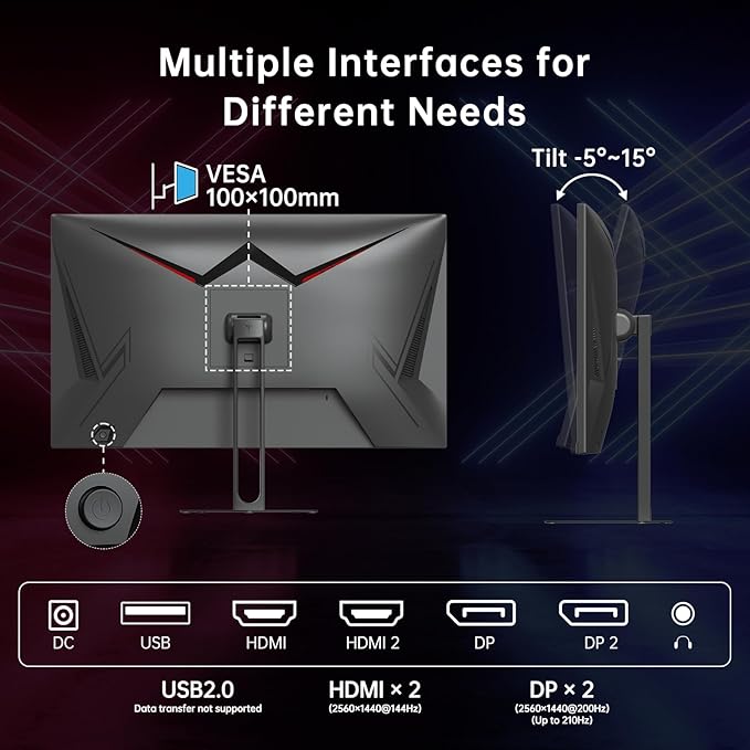 KTC 27 Inch Gaming Monitor - 2K QHD 2560 x 1440 Monitor, Up to 210Hz & 1ms, Bulit-in Speakers, Adaptive Sync, HDR400, 131% sRGB, IPS Monitors Gamer with HDMI 2.0 x 2 & DP1.4 x 2, H27T22C-3