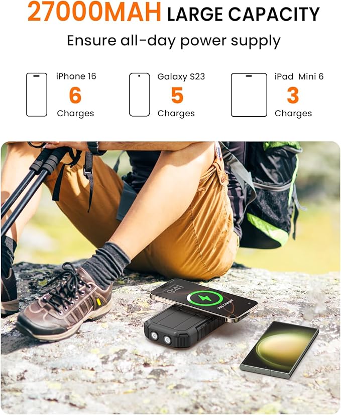 Riapow Solar Power Bank 27000mAh/99000mWh - Wireless Solar Charger - 22.5W Fast Charging Battery Bank Built in 2 Cables - PD QC External Battery Pack with USB C for Phone Flashlight for Outdoor