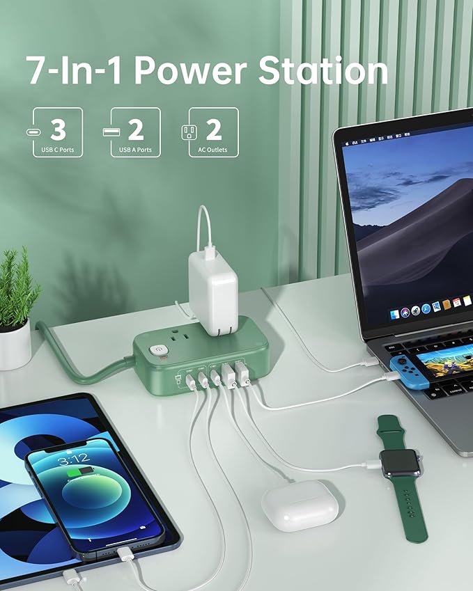 USB C Charging Station,65W USB C Power Strip Surge Protection 1200J, 5FT Flat Extension Cord Desktop USB Charging Hub for Multiple Devices (Pearl Green, 65w)