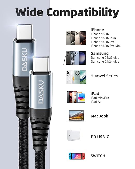 100W USB C to USB C Cable Long 2Pack 10 FT Type C Charger Cable 5A Fast Charging Cord Compatible with iPhone 16 Plus/16 Pro/15 Pro Max Samsung S24 S23 MacBook Air iPad Pro Carplay