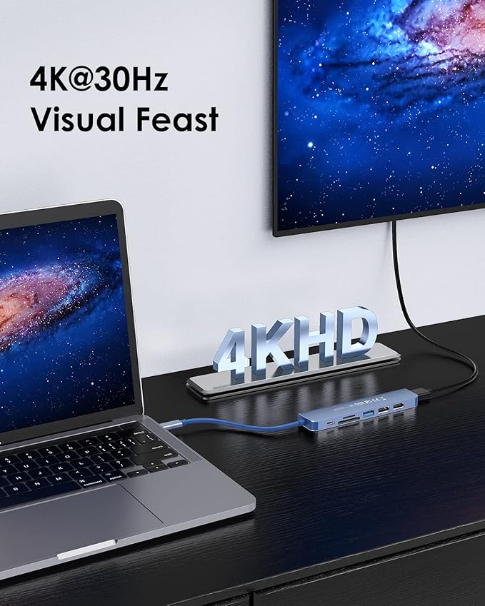 LENTION USB C Hub with 100W Charging, 4K HDMI, Dual Card Reader, USB 3.0 & 2.0 Compatible 2023-2016 MacBook Pro, New Mac Air/Surface, Chromebook, More, Stable Driver Adapter (CB-CE18,Blue)