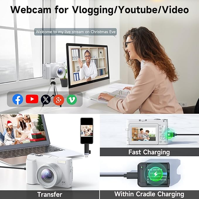 Zostuic 4K Digital Camera, 48MP Autofocus Anti-Shake Vlogging Camera for YouTube Video, 3'' 180Flip Screen with Flash 16X Zoom 32GB Card, Compact Travel Camera with Battery Charger