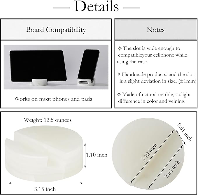 Luxury Marble Cell Marble Phone Stand, Phone Holder for Cellphone Tablet On Office Desk,Kitchen,Countertop, Nightstand,Round, Pearly Onyx