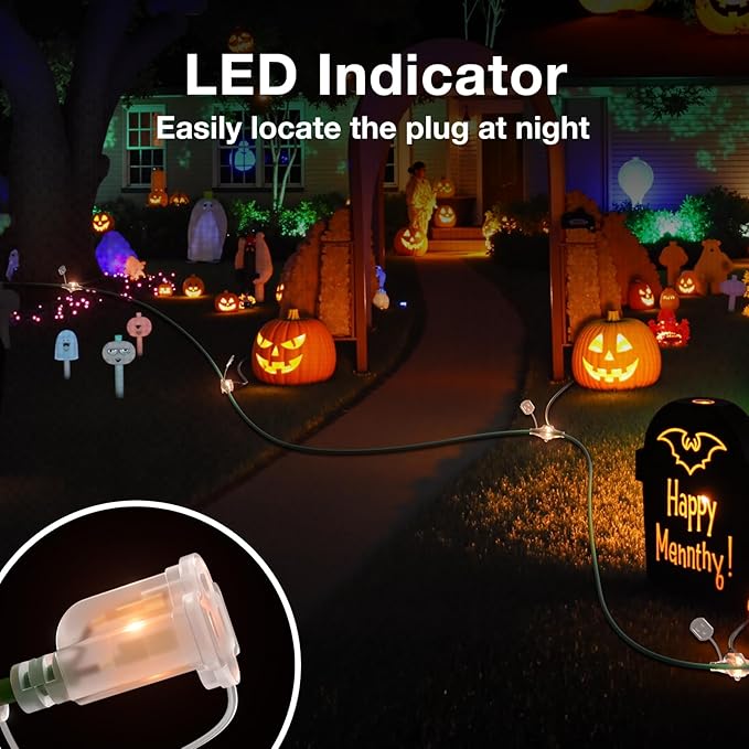 addlon 100FT 12 Outlet Outdoor Extension Cord, Green 16/3 SJTW Weatherproof Power Strip with Indicator Lights for Halloween Christmas Decorations,ETL Listed