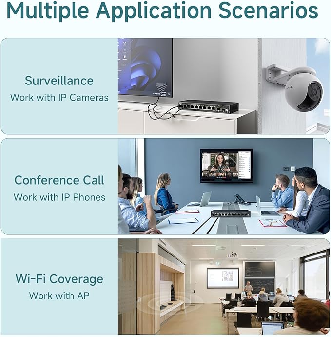 DBIT 10-Port Gigabit Network Switch with 8 PoE+ Ports @125W with 2 Combo SFP Slots, Unmanaged PoE Switch, 802.3af/at Compliant, Desktop/Wall-Mount, Plug & Play, VLAN Mode, Metal Case Fanless (WS2082A)