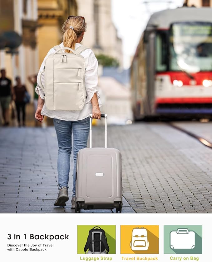 Capolo Travel Backpack for Women Men Waterproof Laptop Backpack Airlines Approved Carry On Backpack Bag Computer Bookbag for Business, Work, Traveling Fits 15.6 Inch Laptop(Beige)