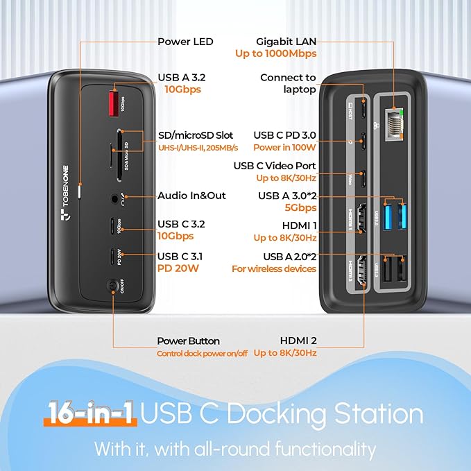 TobenONE Docking Station 3 Monitors, Triple Monitor Docking Station with Single 8K USB-C Video, Dual 4K HDMI, 10Gbps USB A/C, PD 3.0, 100W Power Supply, USB C Dock for Windows/ChromeOS, Dell, HP, ASUS