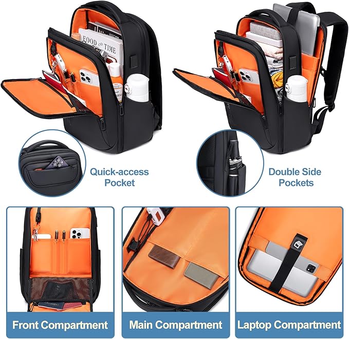 FENRUIEN Business Backpack for Men,Water Resistant Tech Backpack with Charger,Black Laptop Backpack 15.6 Inch