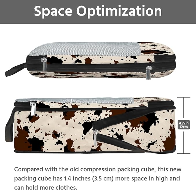 7 Pcs Compression Packing Cubes for Travel, Waterproof Suitcase Luggage Backpack Organizer with Toiletry Bag Travel Essentials for Women/Men-Cow Print