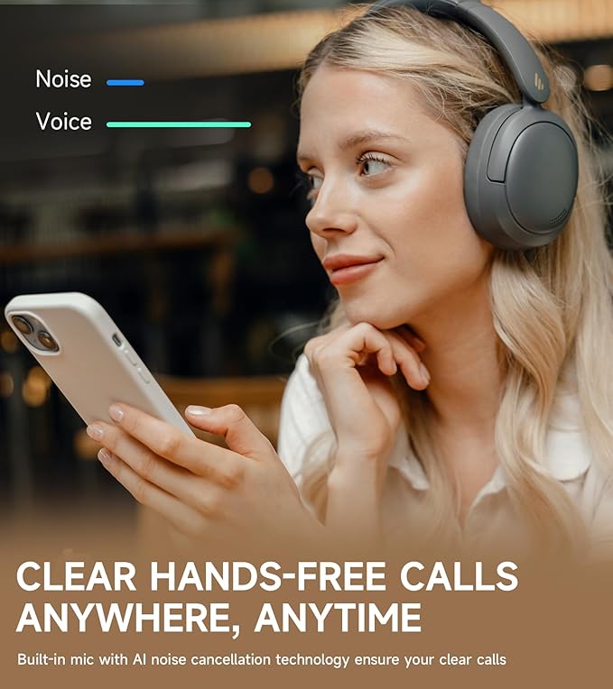 Edifier W800BT Pro Hybrid Active Noise Cancelling Headphones - Hi-Res Audio - AI Call Noise Cancellation - 45H Playtime - Fast Charging - Foldable - Wireless Over-Ear Bluetooth 5.4 Headphones - Gray