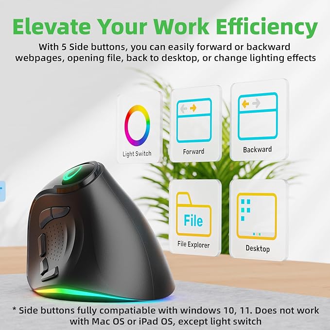 2.4G / BT/Wired Tri-Mode RGB Rechargeable G53 Wireless Vertical Ergonomic Mouse, 5 Side Buttons, Max 8400 DPI, for PC Computer Notebook Laptop, for Windows 11 10, Mac, iPad OS, Android - Black