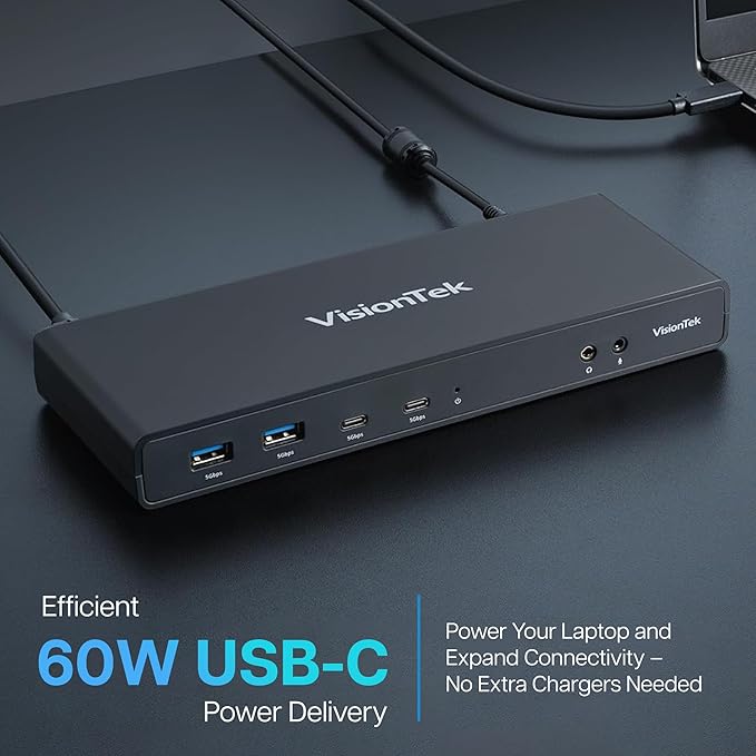 VisionTek VT4500 12in1 Docking Station Dual Monitor 4K – x2 HDMI, x2 DisplayPort, 60W USB-C PD, x4 USB-A 3.0, x2 5Gbps USB-C, 3.5mm Audio Jack, & Ethernet – Compatible with Laptop, PC, and MacBook