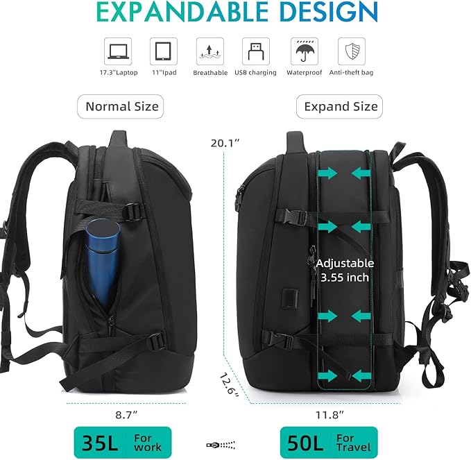 Travel Carry on Backpack 50L Expandable Flight Approved Backpacks 17.3 inch Laptop and USB Charging Port bags Water Resistant Business Back Pack for Women & Men