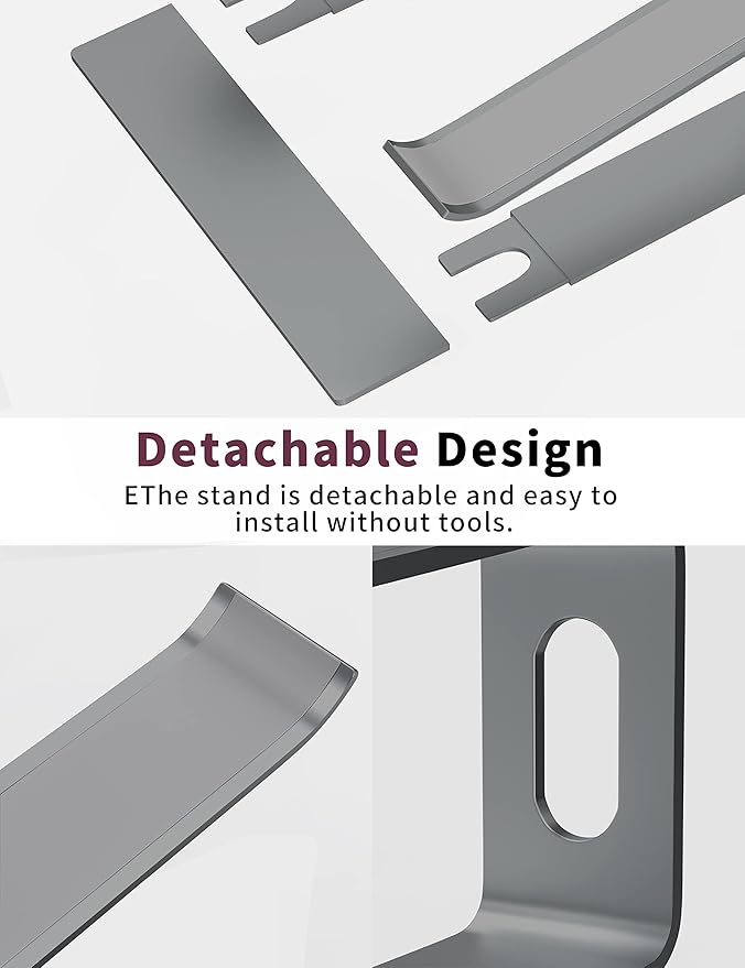 ALASHI Laptop Stand for Desk, Aluminum Computer Riser, Ergonomic Notebook Holder, Detachable Metal Laptops Elevator, PC Cooling Mount Support 10 to 15.6 Inches Notebook, Grey