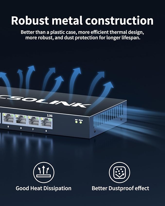2.5Gb Switch, 8*2.5g Base-T Port Network Switch 2.5 Gigabit, Unmanaged Ethernet Switch for Gaming PC, NAS, 60Gbps Capacity, Fanless Silent, Desktop& Wall Mount. (8 Port 2.5gb Switch)