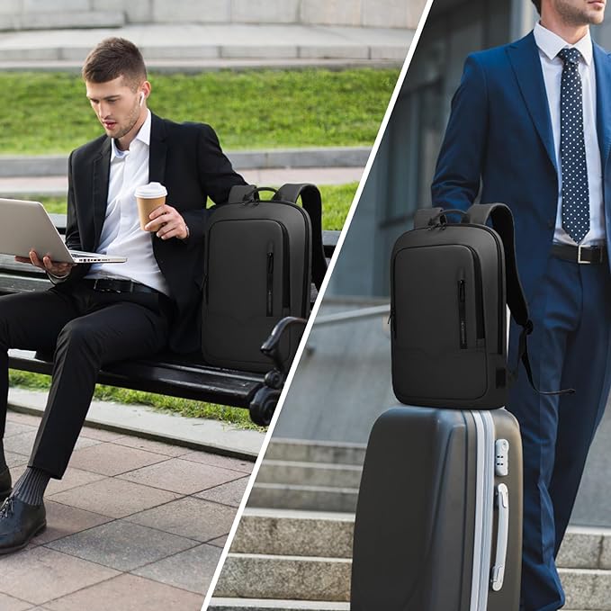 hk Backpack for Men Business Slim Backpack with USB Charger Computer Lightweight Anti-theft Travel Backpacks 17.3 inch Water Resistant Laptop Bag for Work Office College-Black