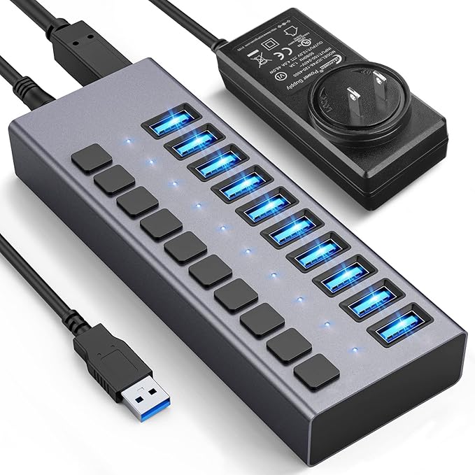48W Powered USB Hub - ACASIS 10 Ports USB 3.0 Data Hub, Individual On/Off Switches, 12V/4A Power Adapter, Aluminum Housing, USB Splitter for PC, Computer, Mobile HDD, Flash Drive
