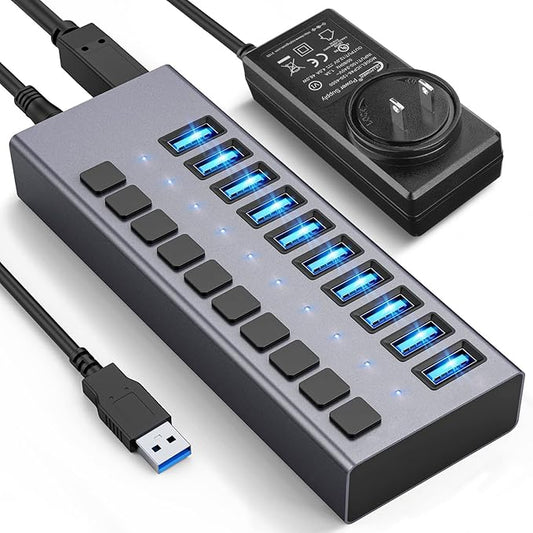 48W Powered USB Hub - ACASIS 10 Ports USB 3.0 Data Hub, Individual On/Off Switches, 12V/4A Power Adapter, Aluminum Housing, USB Splitter for PC, Computer, Mobile HDD, Flash Drive