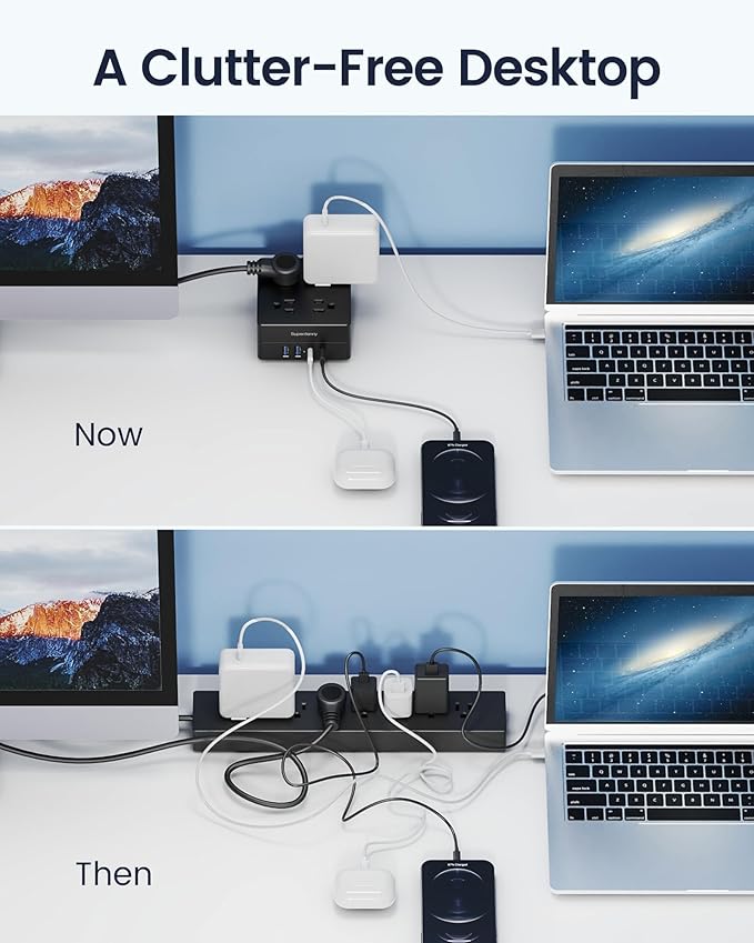 Power Strip USB Surge Protector - SUPERDANNY 9.8ft Mountable Charging Station with 4 Widely Spaced Outlets & 4 Smart USB Ports, Desktop Extension Cord for Home, Office, Hotel, Dorm, Room, RV, Black