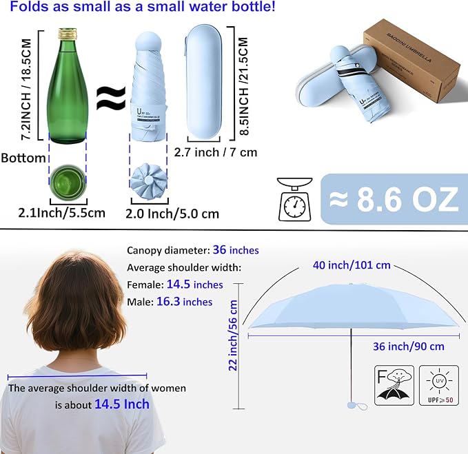 BAODINI Travel Essentials Mini Umbrella for Purse With Case Small Compact UV Sun Protection Lightweight Tiny Pocket Manual Open Close Umbrella for Women Kids and Men Fit Purse Backpack