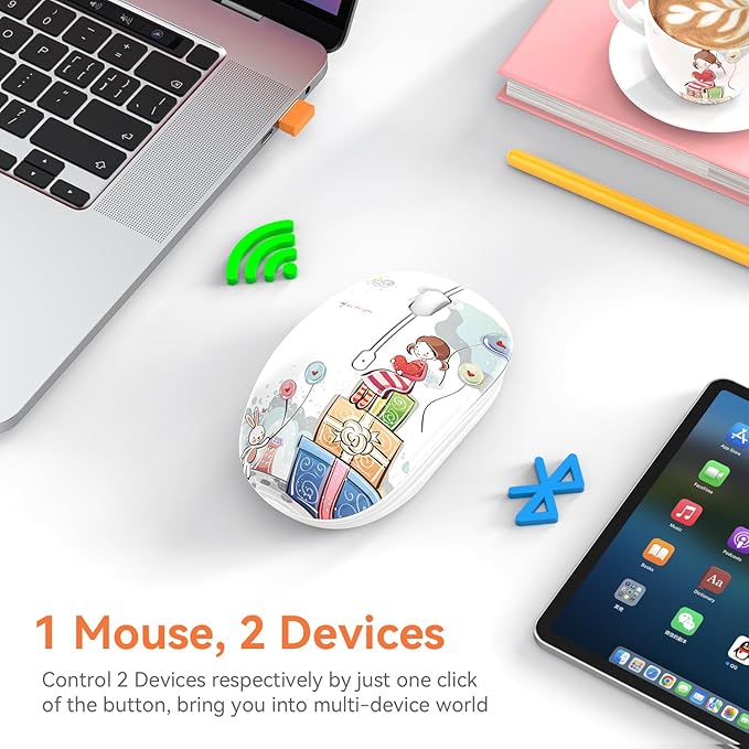 Cute Bluetooth Mouse, 2.4 GHz Wireless Mice with USB Receiver for Laptop, iPad, Mac, Silent Cartoon Mouse Suitable for Female and Students (Girl)