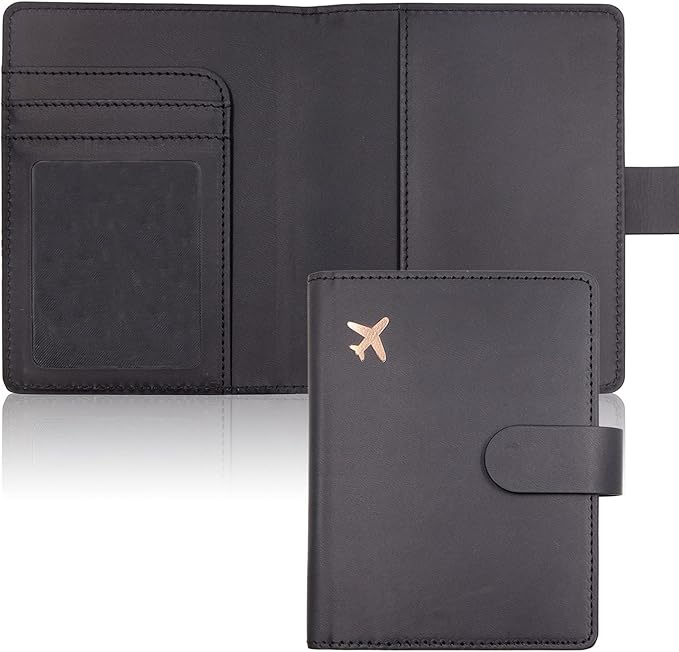Deziliao Unisex Faux Leather Passport and Vaccine Card Holder, Black, Slim, Waterproof, Lightweight, RFID Blocking