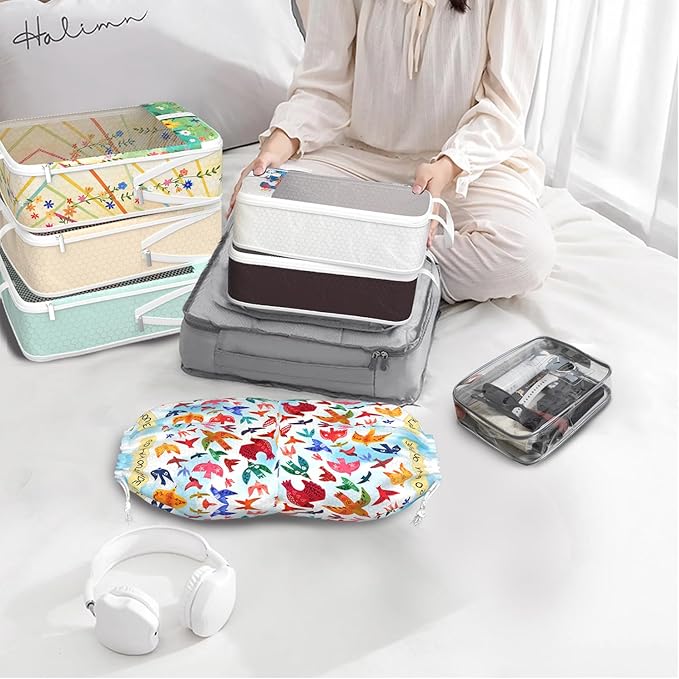 Compression Packing Cubes for Travel, 7 Set Natural Life Expandable Mesh Luggage Organizers, Waterproof Expandable/Compression Bags Bohemia Travel Packing Cubes with Clear Toiletry Bag