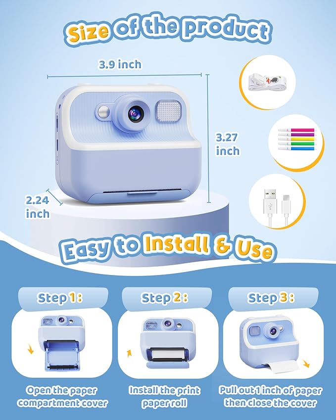 Instant Camera, Front Rear Dual Selfie Kids Camera with 1080P Videos, Holiday Birthday Gifts for Kids Age 3-12, Toddler Portable Travel Print Digital Camera Toy for 4 5 6 7 8 9 Year Boys Girls