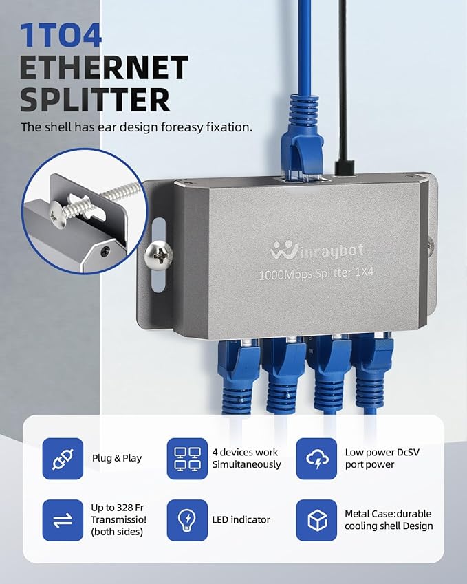 Ethernet Splitter,Ethernet Switch 4 Port,Network switches fixable,Computer Networking switches,gigabit 4 Port switcheEthernet Cable Splitter 1000Mbps Plug & Play Desktop or Wall Mount
