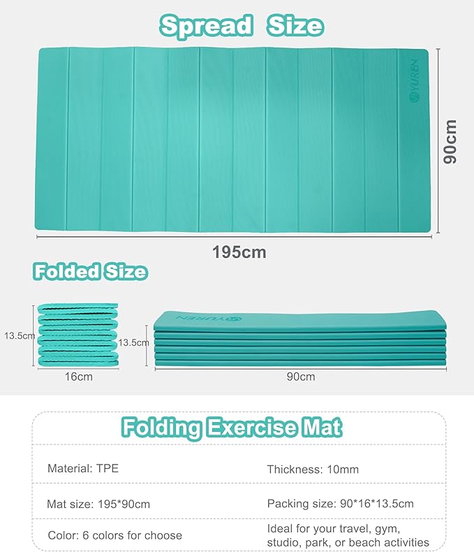 Foldable Yoga Mat 10mm Thick Wide Exercise Mat Non Slip Workout Mat for Home Gym, Travel, with Yoga Carrying Bag