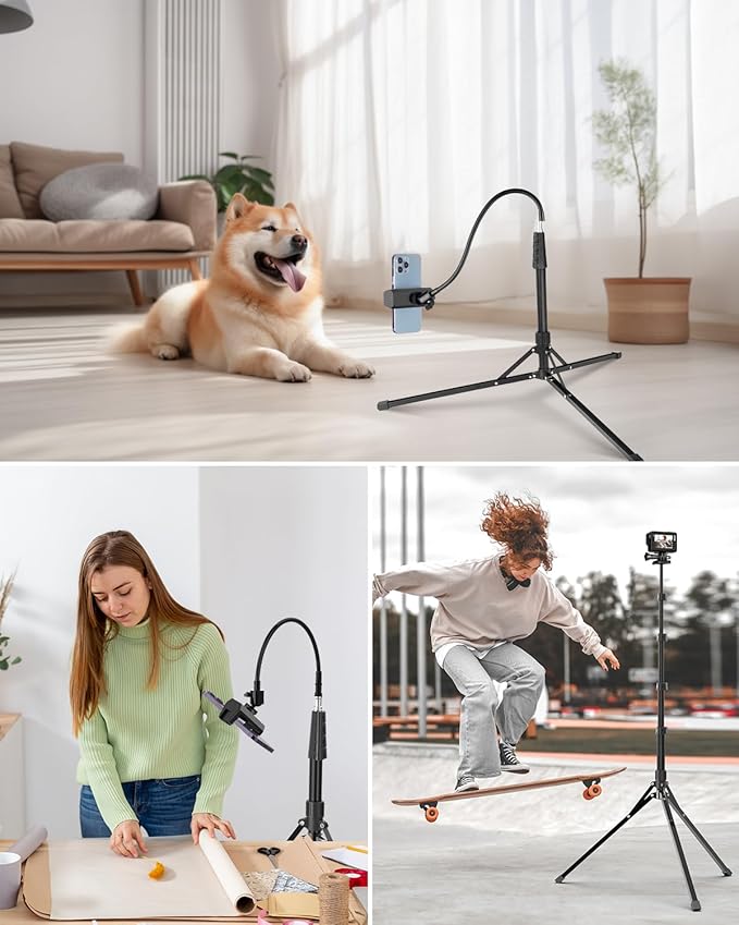 Aureday Phone Tripod, 92" Cell Phone Stand with 15" Gooseneck, Remote and Phone Holder, Overhead & Selfie Stick for Recording/Watching/Vlog, Compatible with iPhone Android